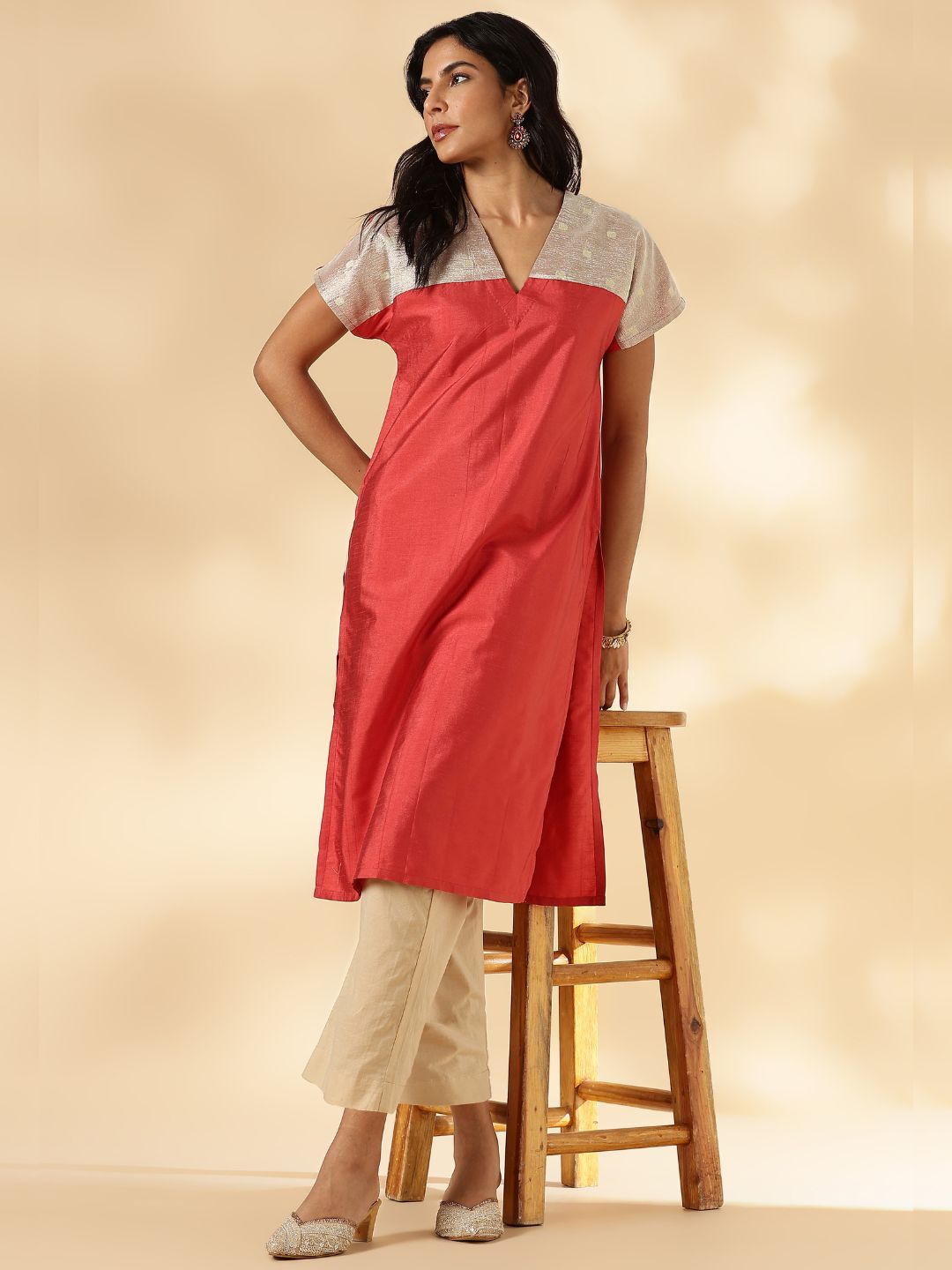 Rust Orange Drop-Shoulder Kurta with Contrast Tissue Yoke