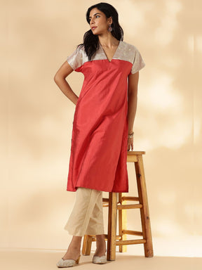 Rust Orange Drop-Shoulder Kurta with Contrast Tissue Yoke