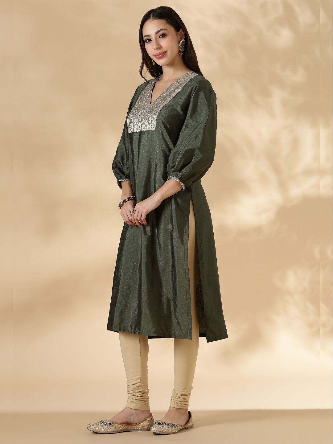 Olive Green V Neck  Kurta with Brocade Accent and  Balloon Sleeves.