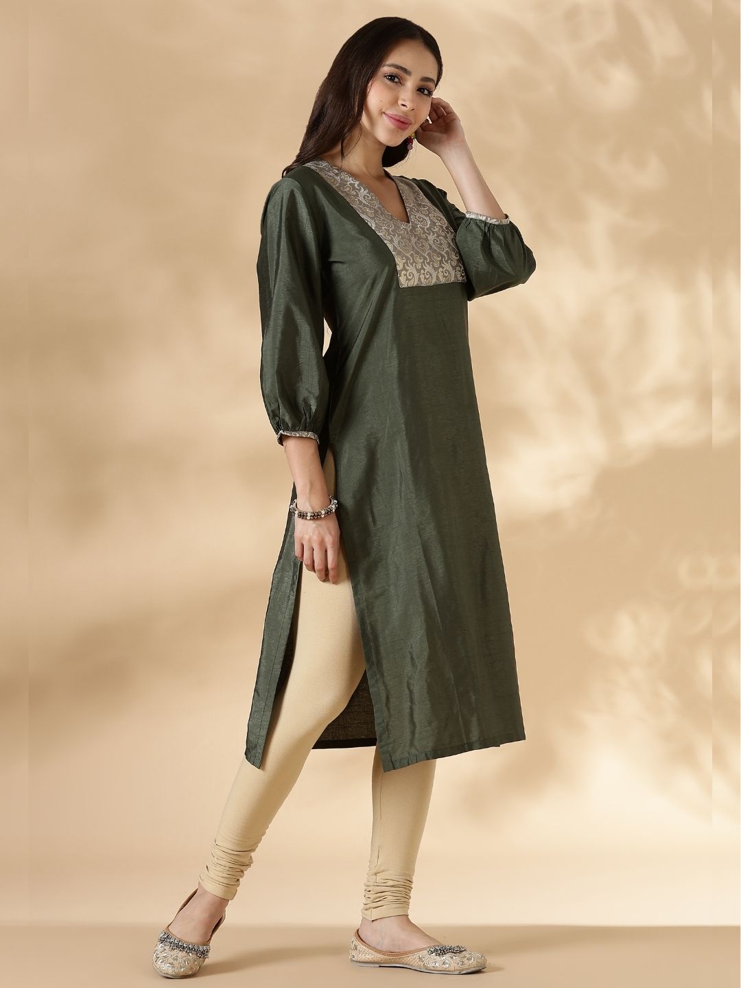 Olive Green V Neck  Kurta with Brocade Accent and  Balloon Sleeves.