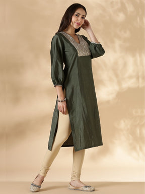 Olive Green V Neck  Kurta with Brocade Accent and  Balloon Sleeves.