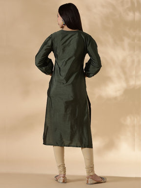Olive Green V Neck  Kurta with Brocade Accent and  Balloon Sleeves.