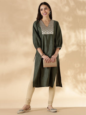 Olive Green V Neck  Kurta with Brocade Accent and  Balloon Sleeves.