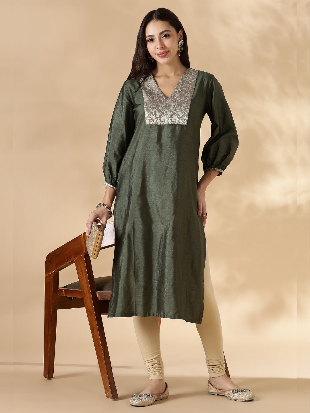 Olive Green V Neck  Kurta with Brocade Accent and  Balloon Sleeves.