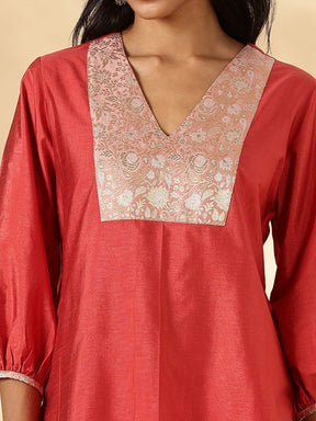 Rust Orange V Neck  Kurta with Brocade Accent and  Balloon Sleeves