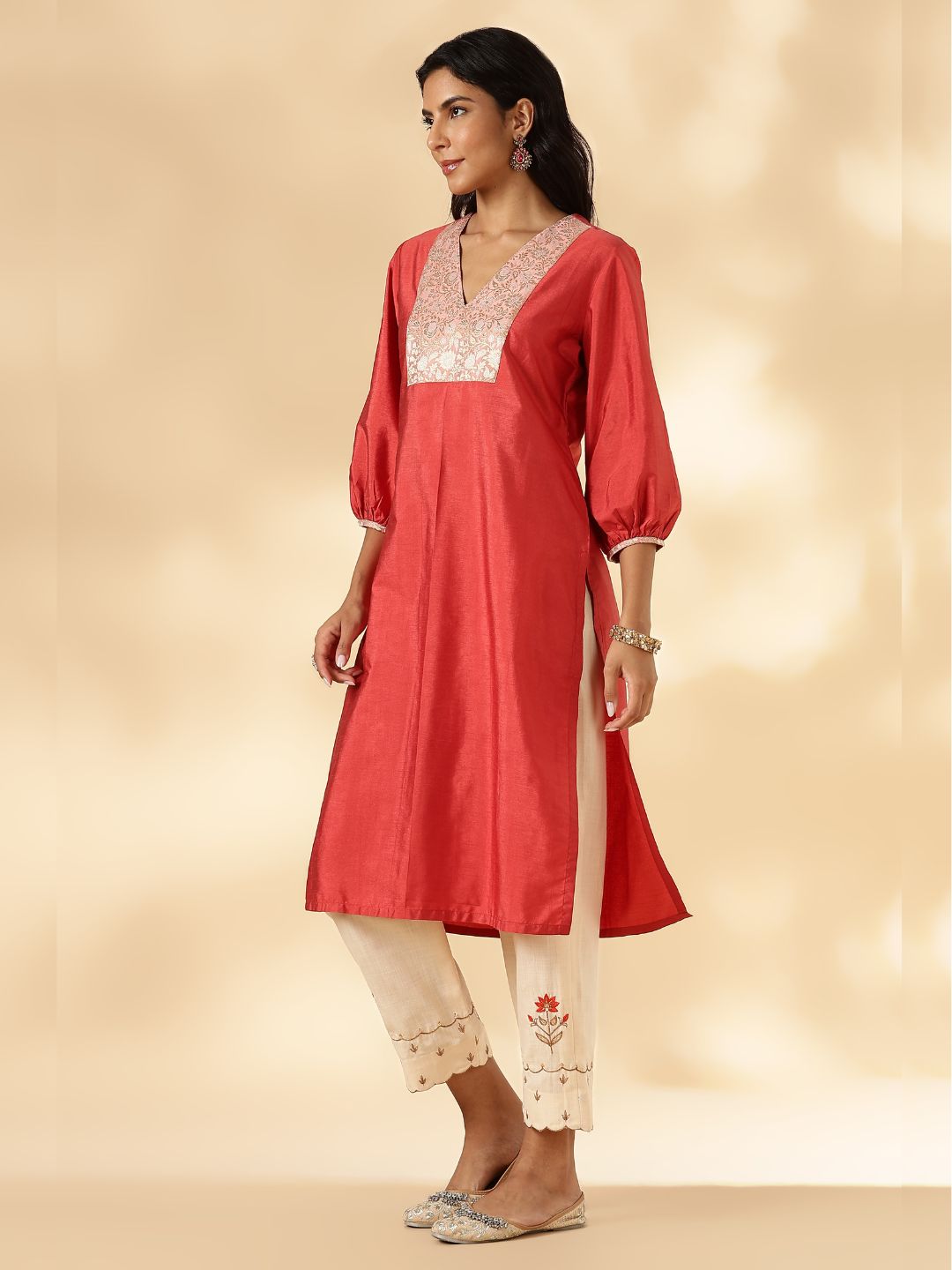 Rust Orange V Neck  Kurta with Brocade Accent and  Balloon Sleeves