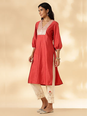 Rust Orange V Neck  Kurta with Brocade Accent and  Balloon Sleeves