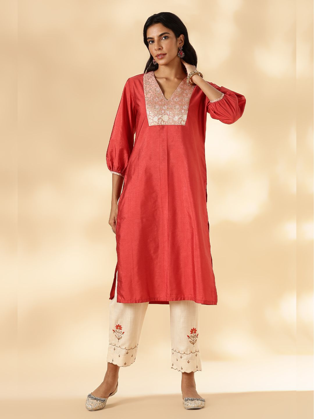 Rust Orange V Neck  Kurta with Brocade Accent and  Balloon Sleeves