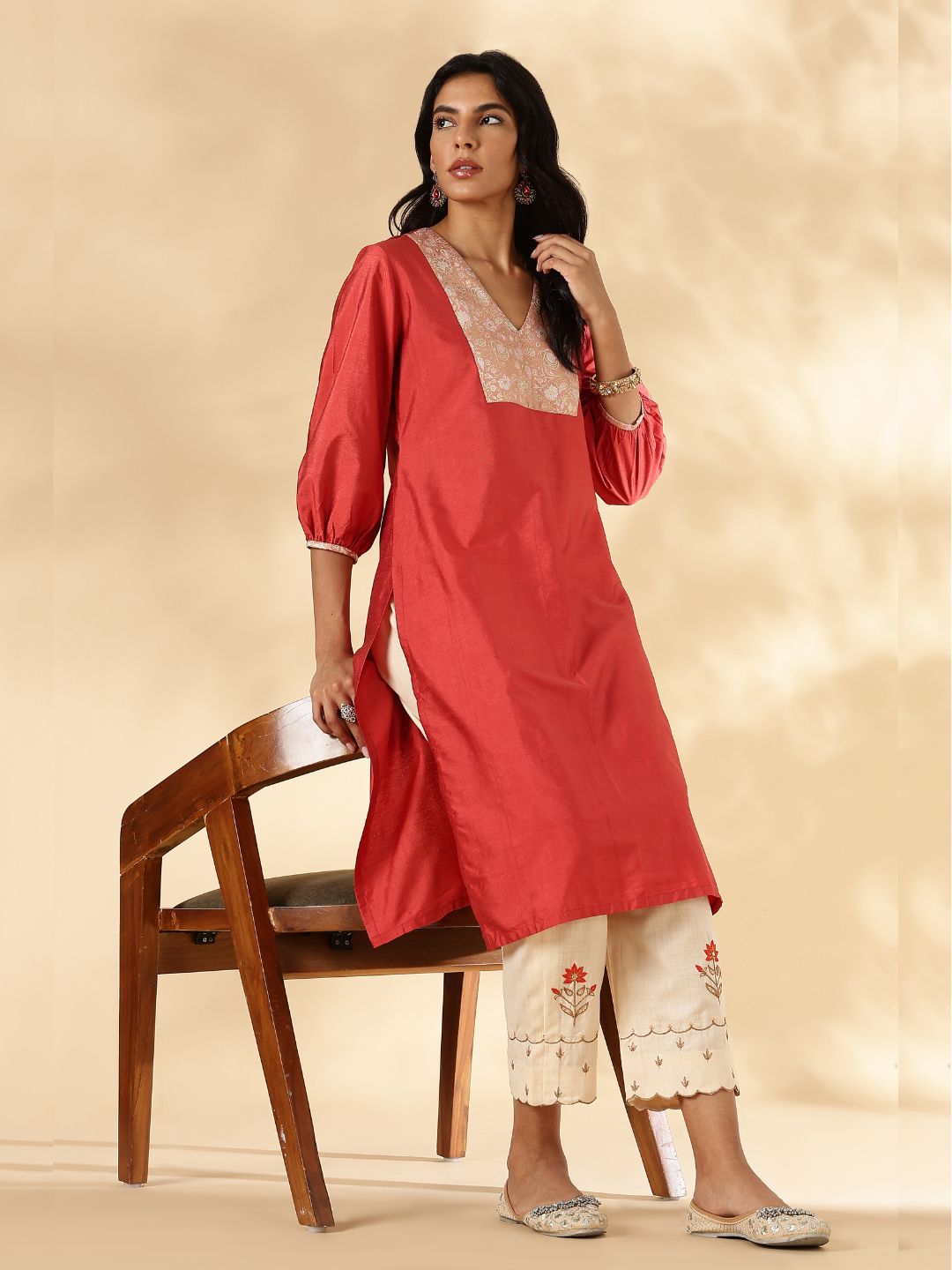 Rust Orange V Neck  Kurta with Brocade Accent and  Balloon Sleeves