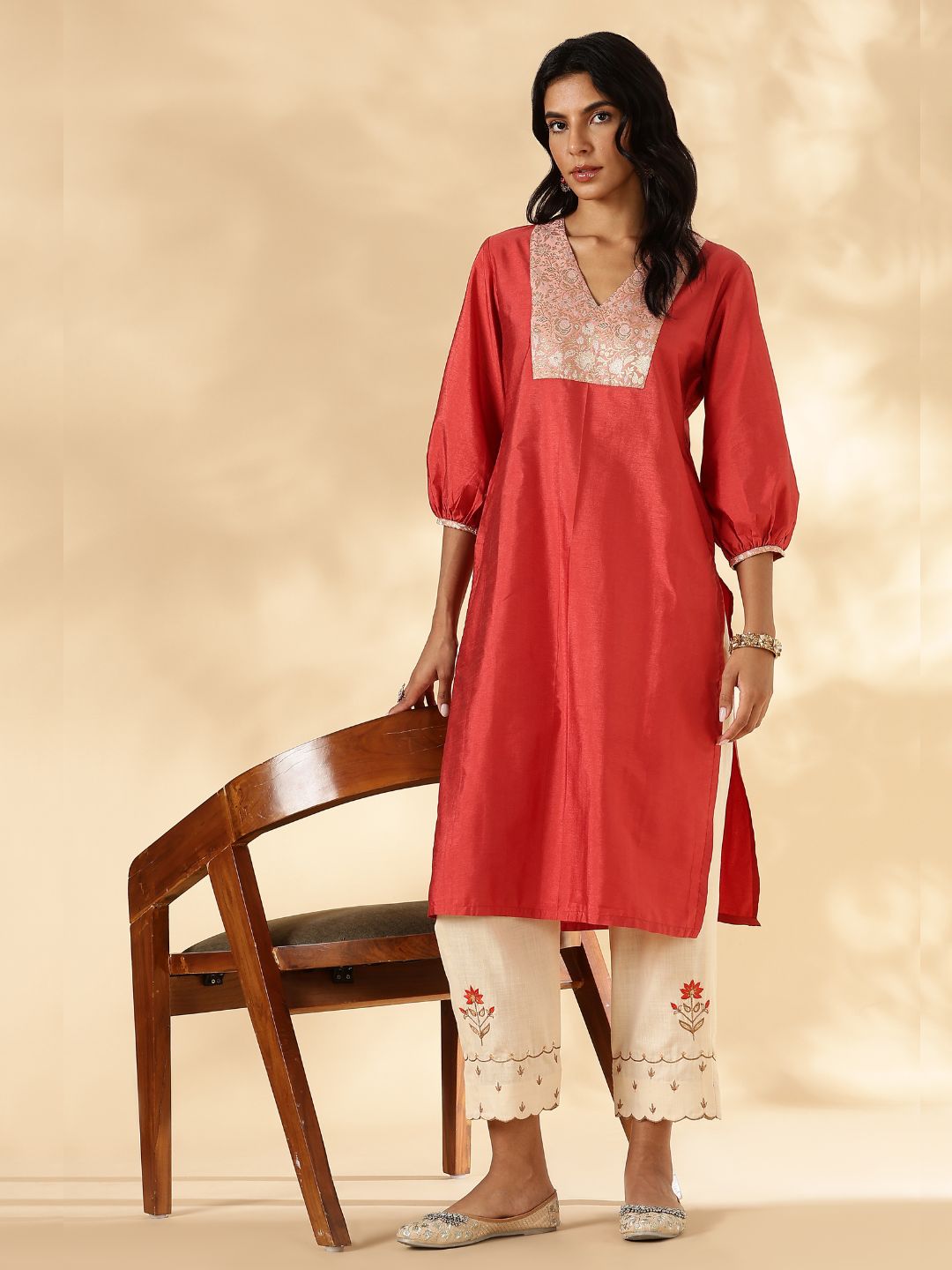Rust Orange V Neck  Kurta with Brocade Accent and  Balloon Sleeves
