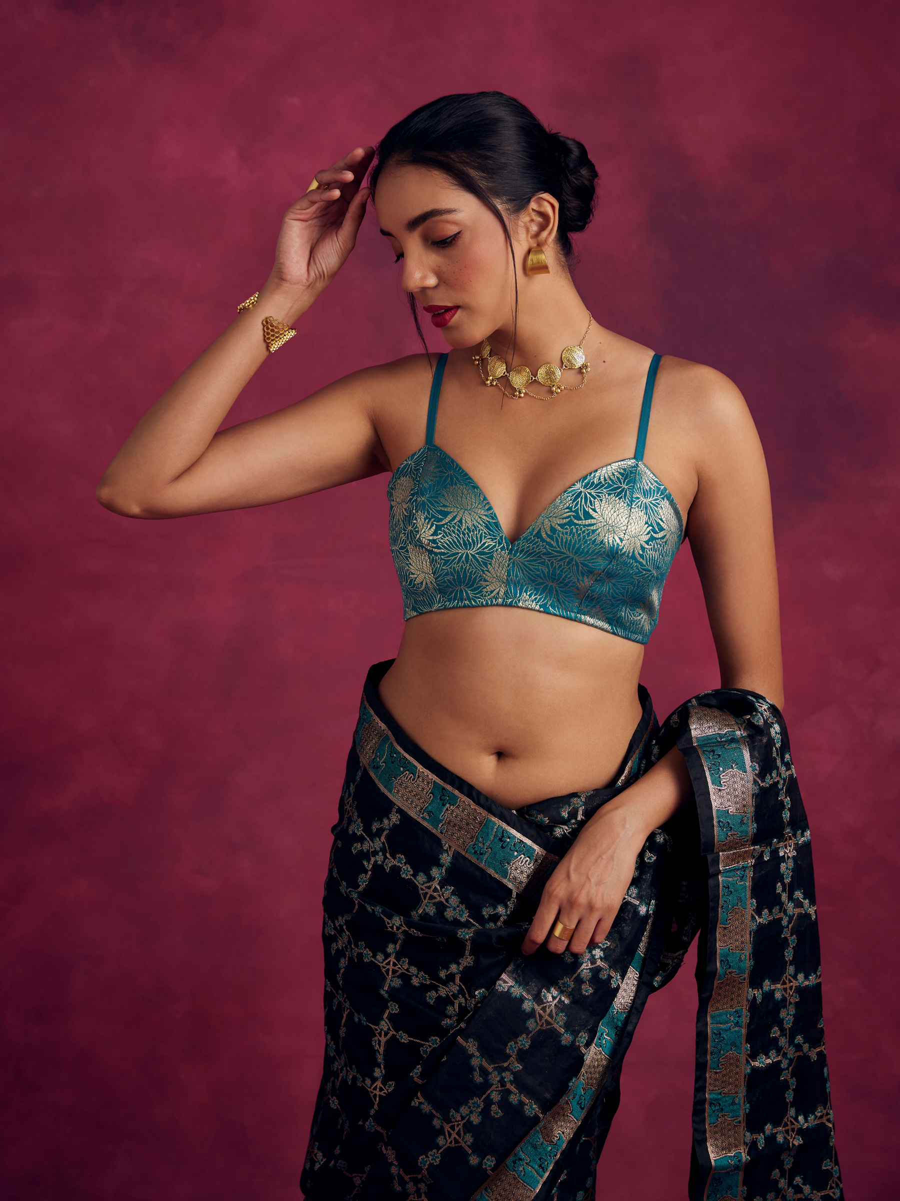 Banarasi lotus zari  blouse- Teal Green