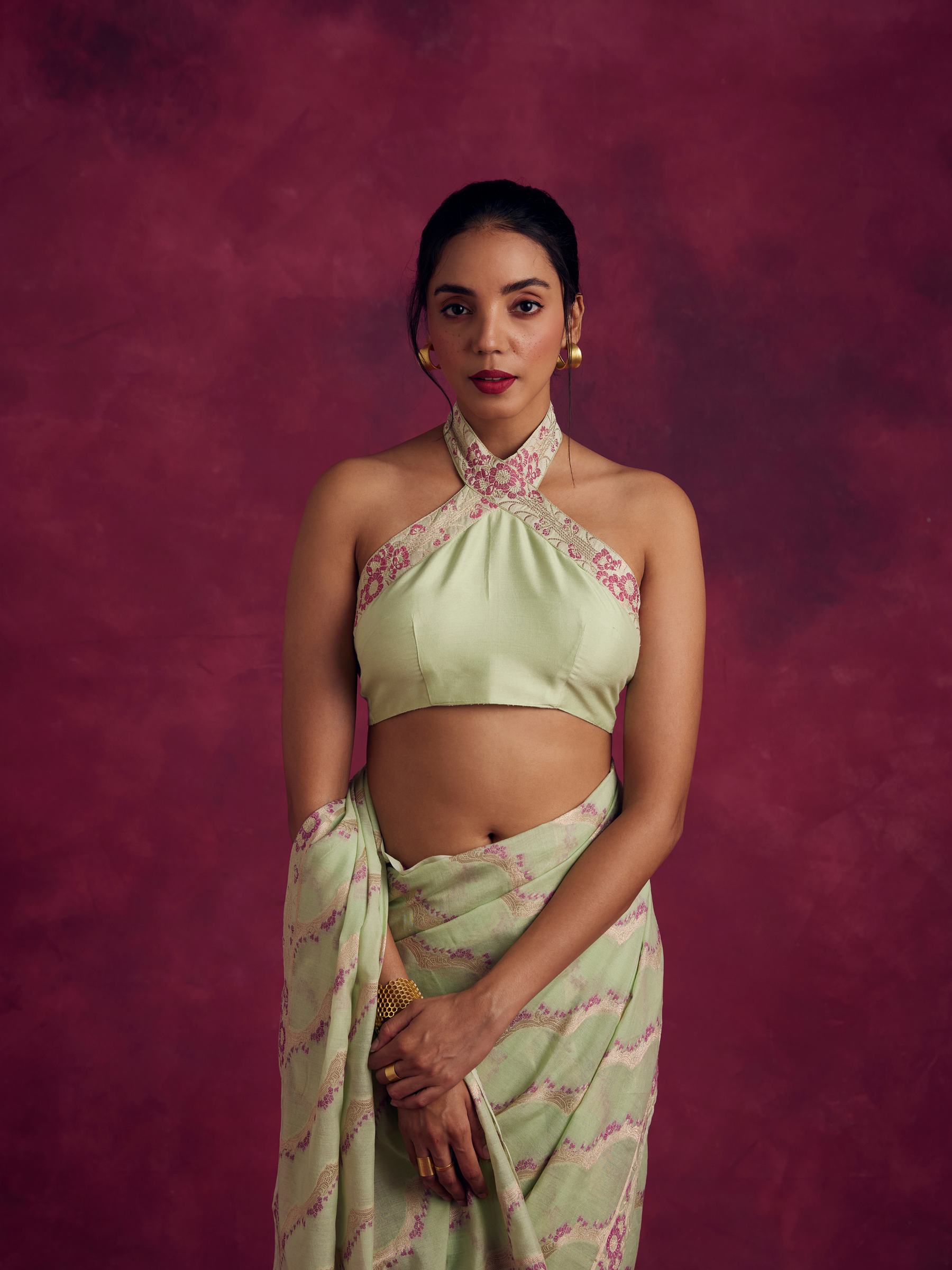 Zari border halter neck blouse-  Pistachio green