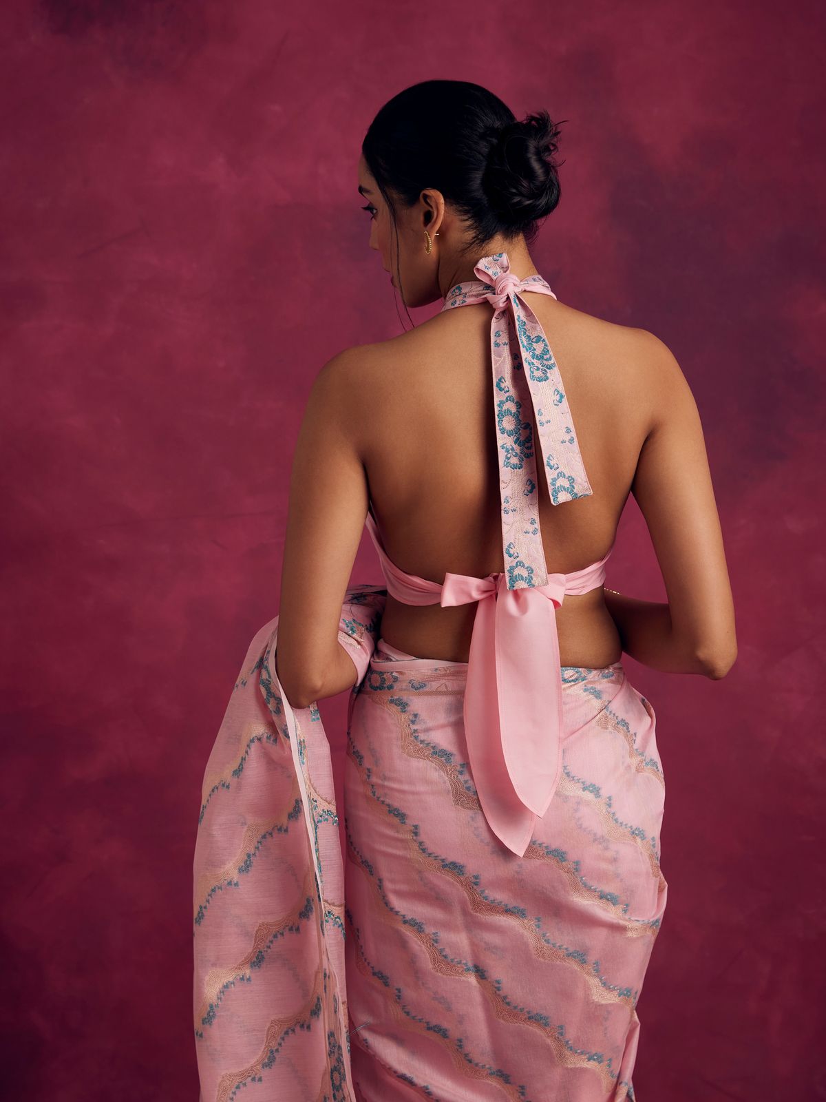 Zari border halter neck blouse- Sakura Pink