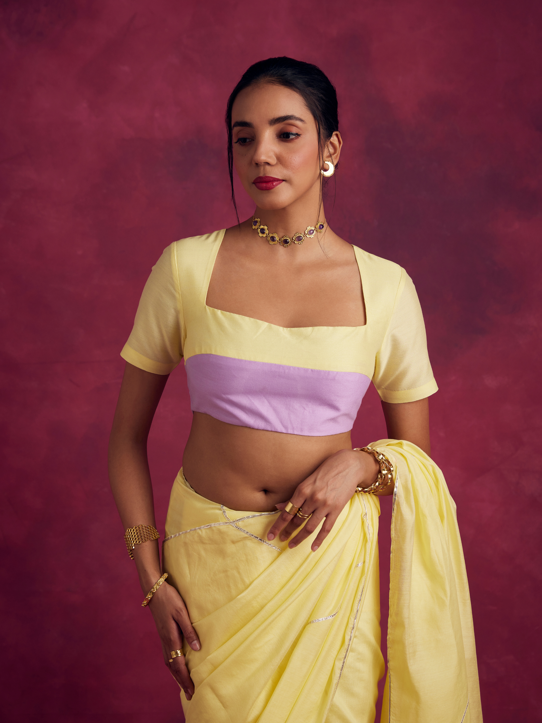 Square neckline dual color blouse- Lemon yellow