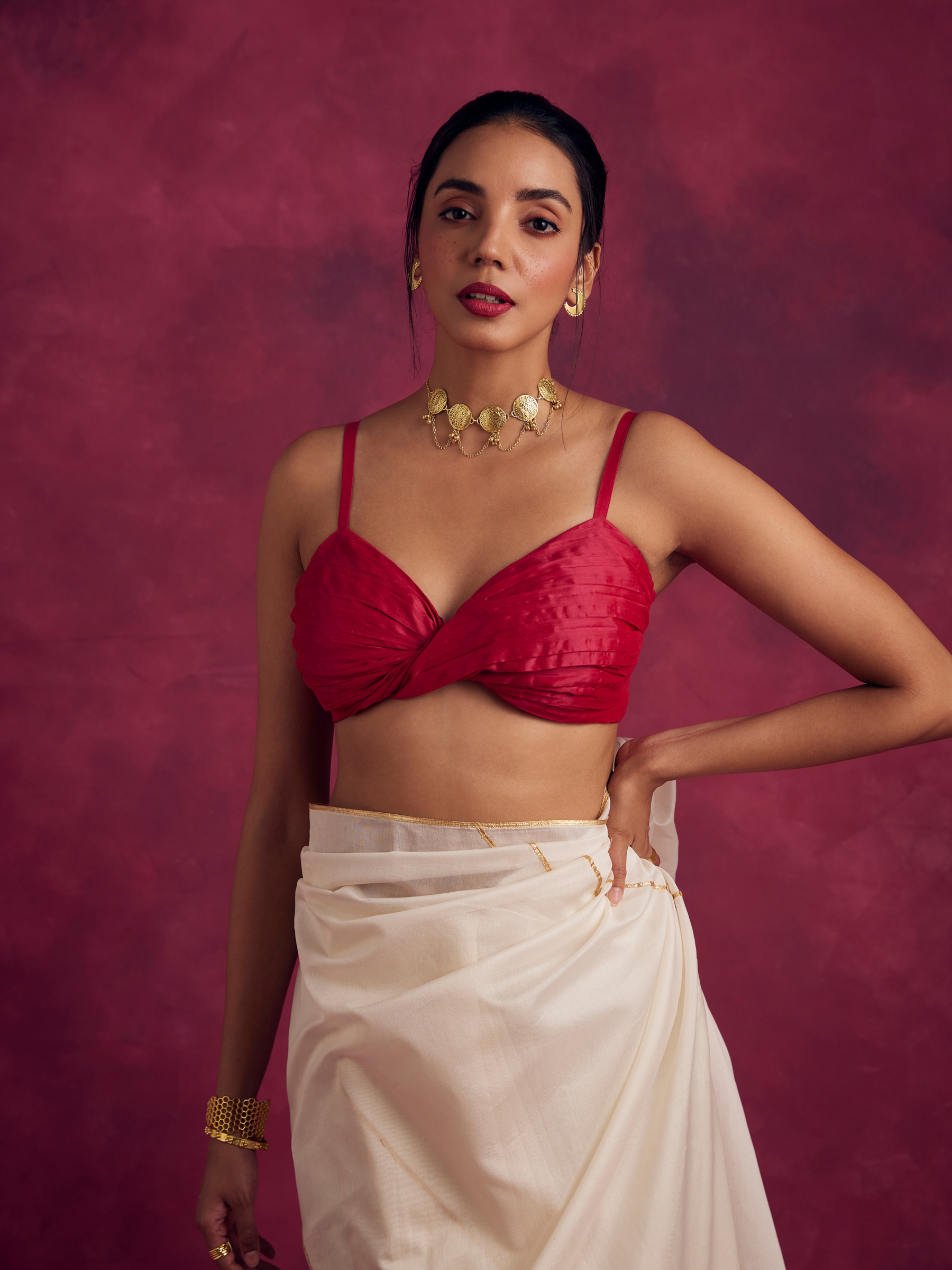 Heat pleated bustier blouse- Magenta pink