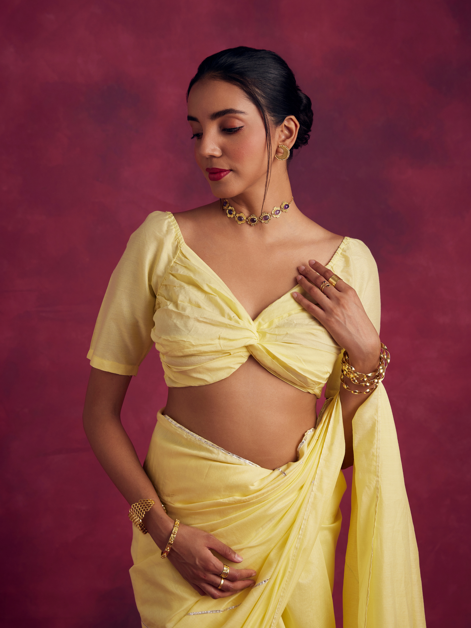 Front knot gathered blouse - Lemon yellow