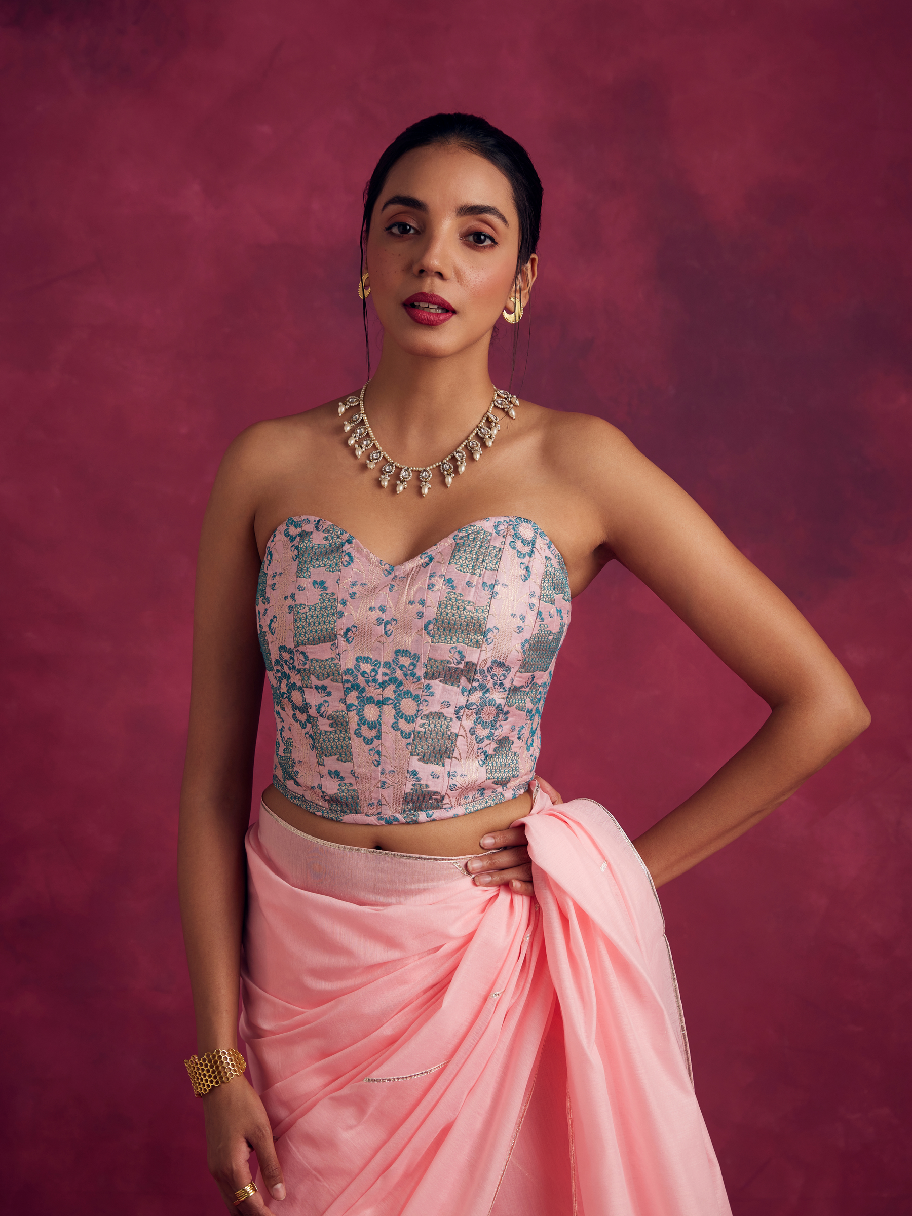 Banarasi paneled corset - Sakura pink