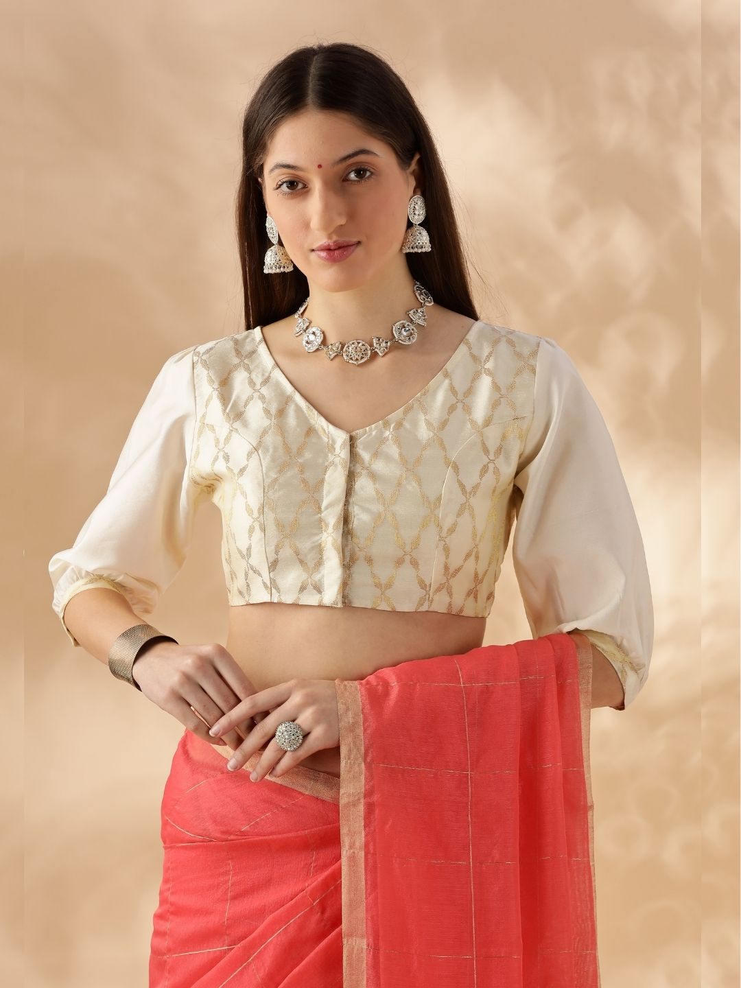 Puff sleeve zari banarasi blouse- Cream