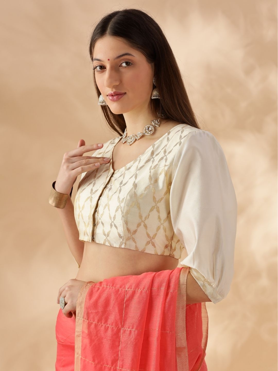 Puff sleeve zari banarasi blouse- Cream