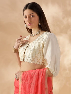 Puff sleeve zari banarasi blouse- Cream