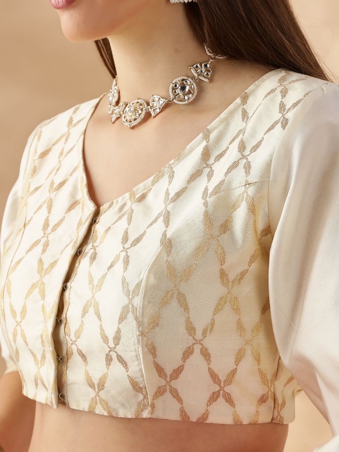 Puff sleeve zari banarasi blouse- Cream