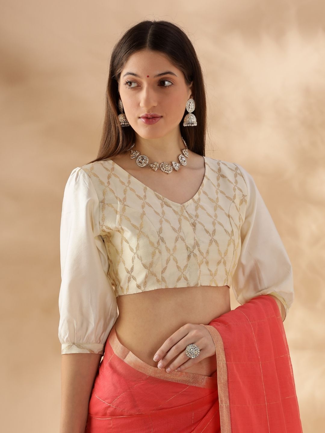 Puff sleeve zari banarasi blouse- Cream