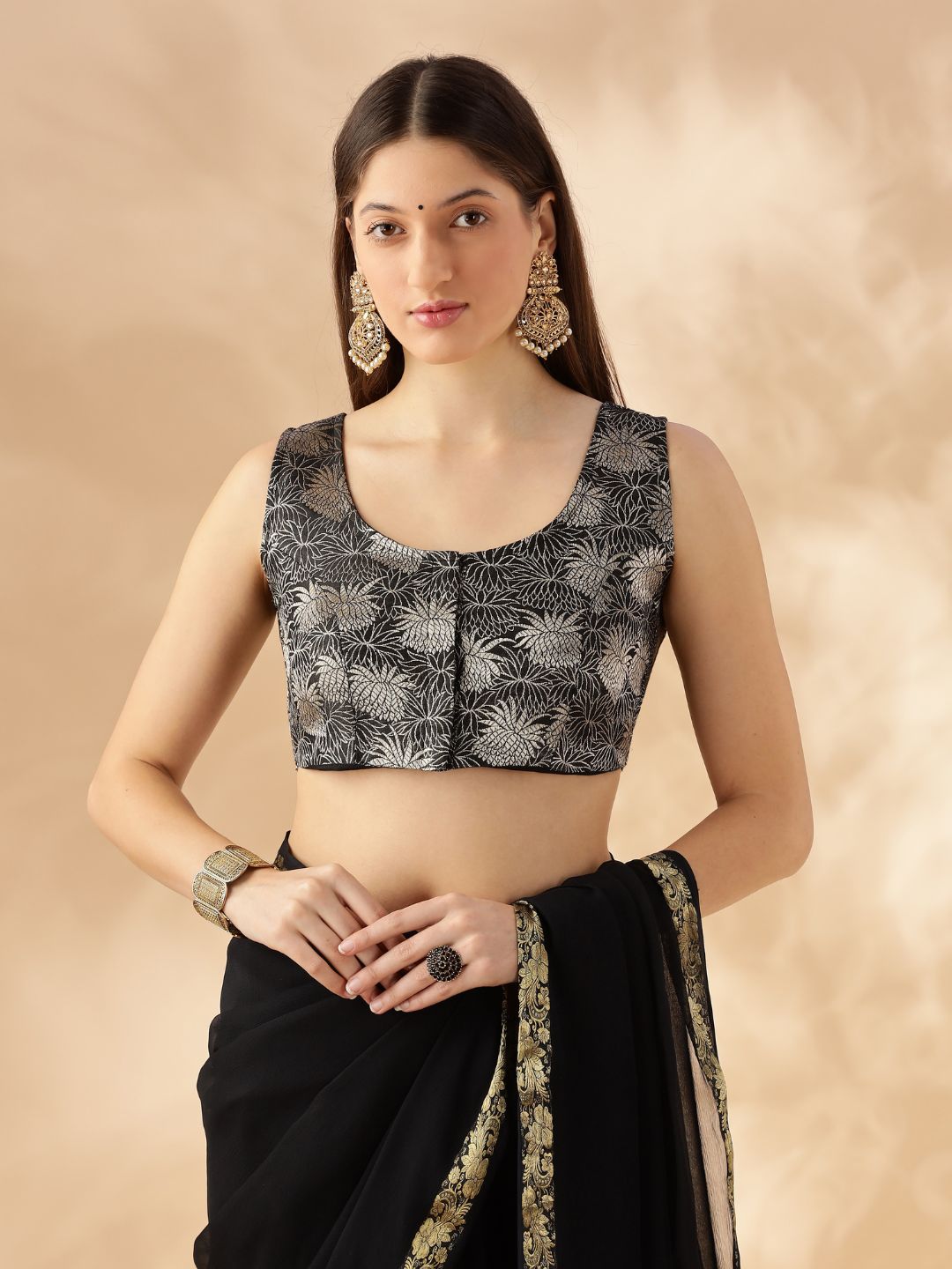 sleeveless deep neck zari banarasi blouse-Black
