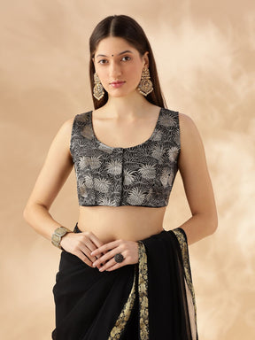 sleeveless deep neck zari banarasi blouse-Black