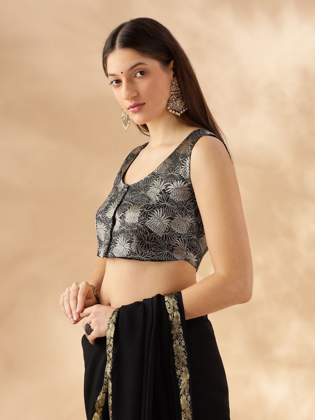 sleeveless deep neck zari banarasi blouse-Black