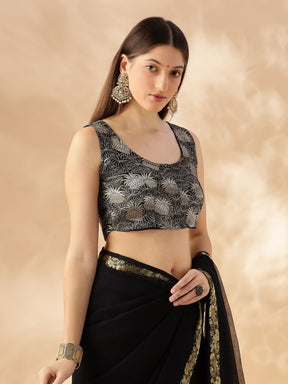 sleeveless deep neck zari banarasi blouse-Black