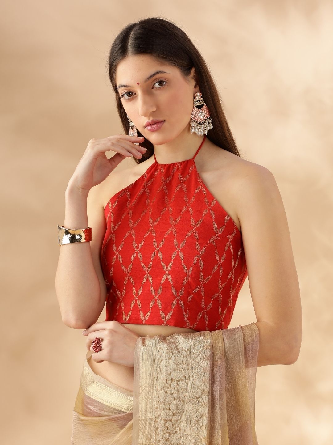 Halter neck crisscross back tie up blouse-red