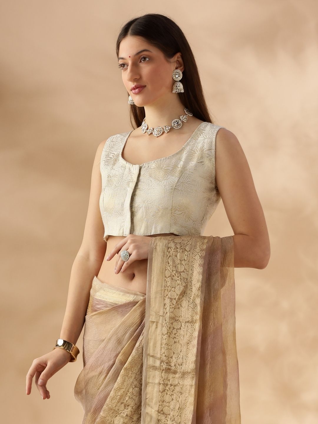 sleeveless deep neck zari banarasi blouse-Cream