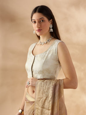 sleeveless deep neck zari banarasi blouse-Cream