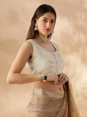 sleeveless deep neck zari banarasi blouse-Cream