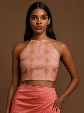 Halter neck crisscross back tie up blouse- Pink