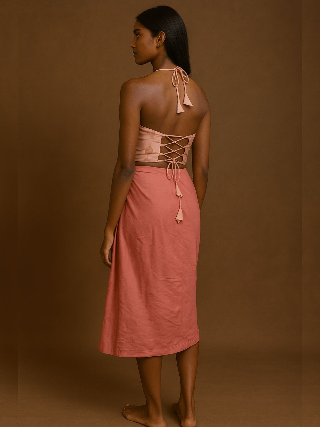 Halter neck crisscross back tie up blouse- Pink