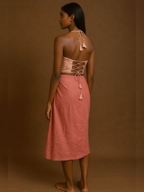 Halter neck crisscross back tie up blouse- Pink