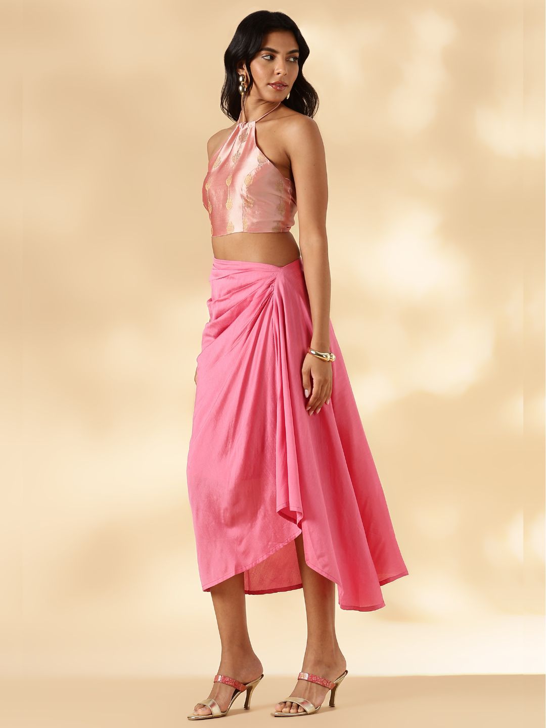 Halter neck crisscross back tie up blouse- Pink