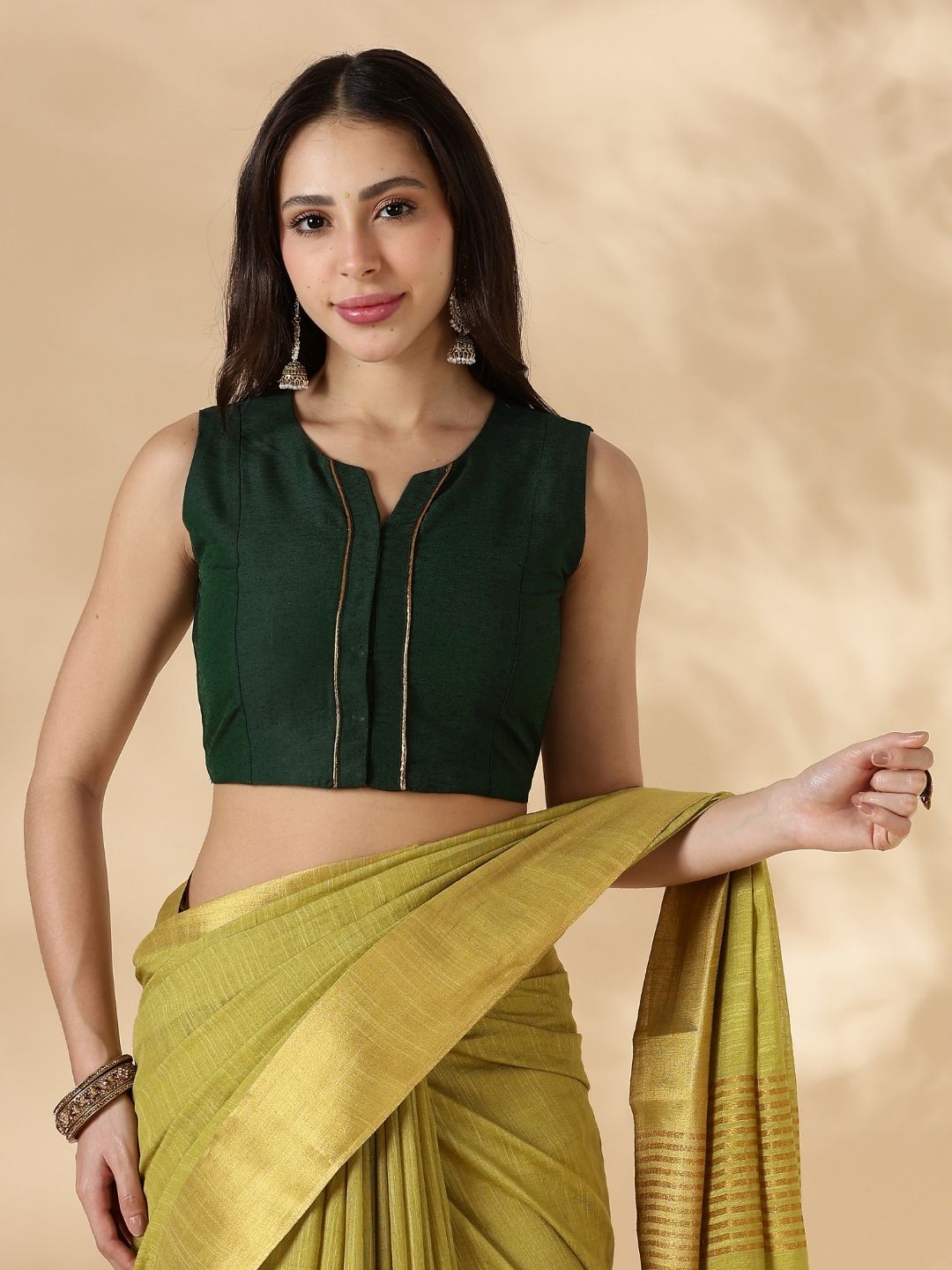 Green Sleeveless Round Neck Front Open Blouse