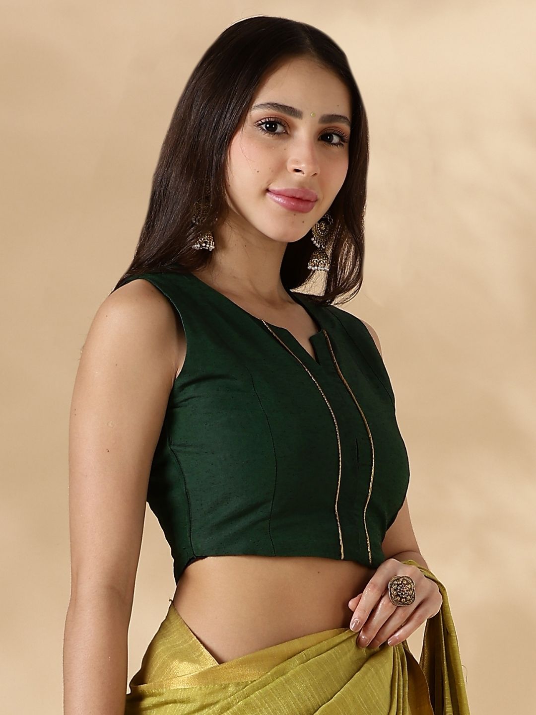 Green Sleeveless Round Neck Front Open Blouse