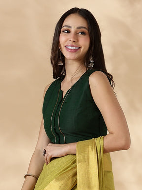 Green Sleeveless Round Neck Front Open Blouse