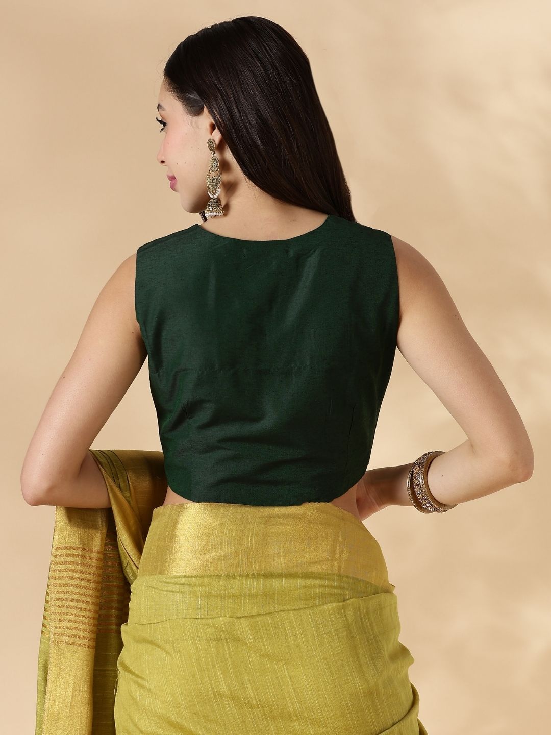 Green Sleeveless Round Neck Front Open Blouse