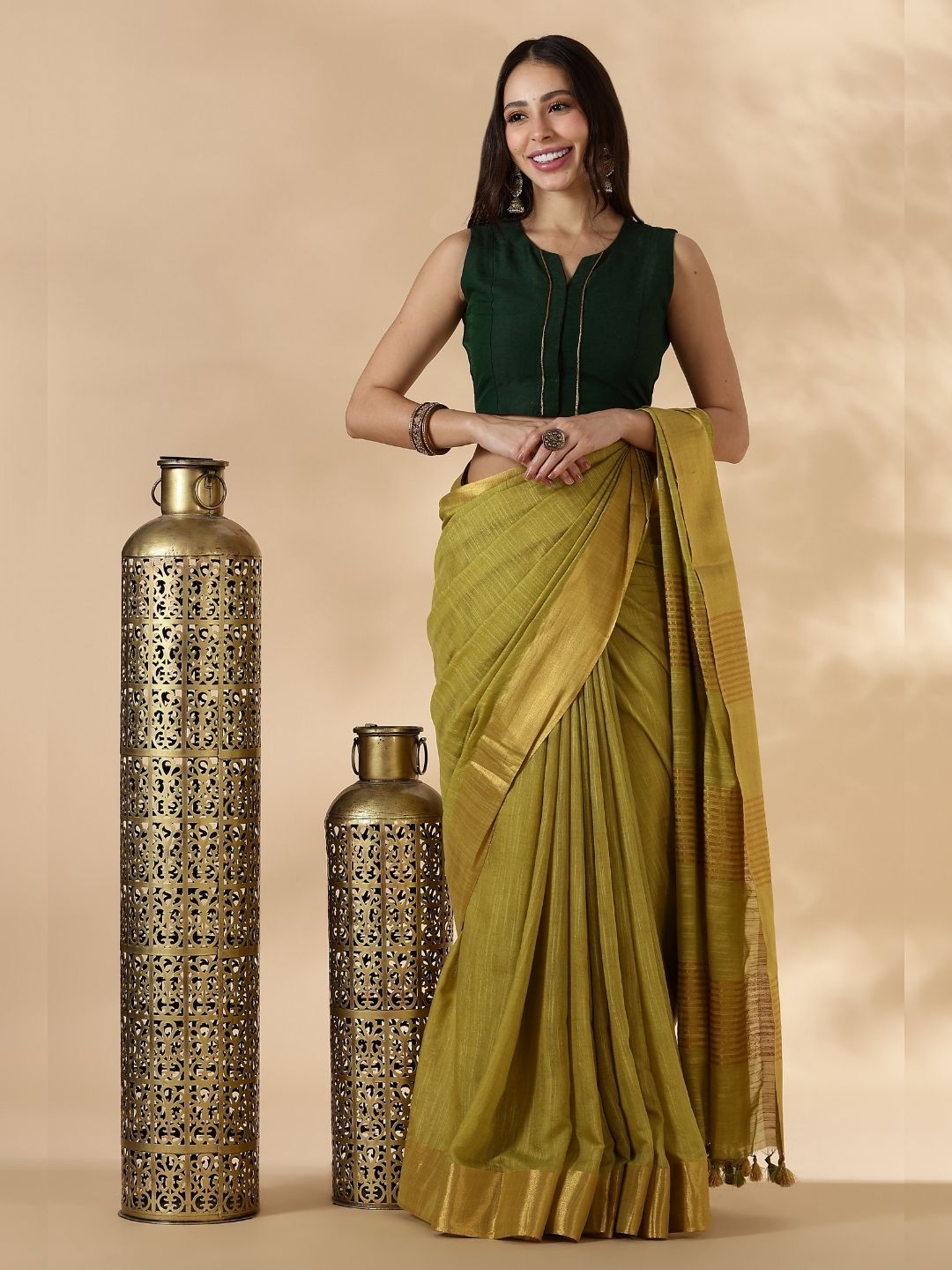 Green Sleeveless Round Neck Front Open Blouse