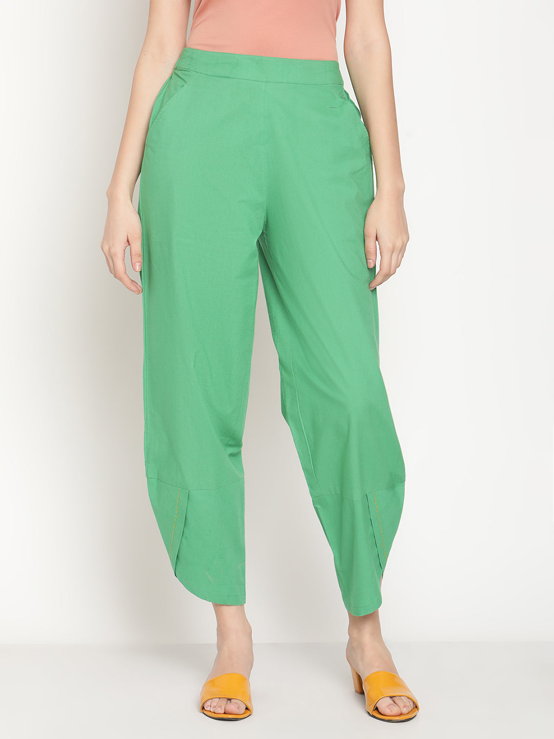 Cotton Flex Fern Green Overlapped Hem Pants