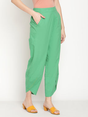 Cotton Flex Fern Green Overlapped Hem Pants