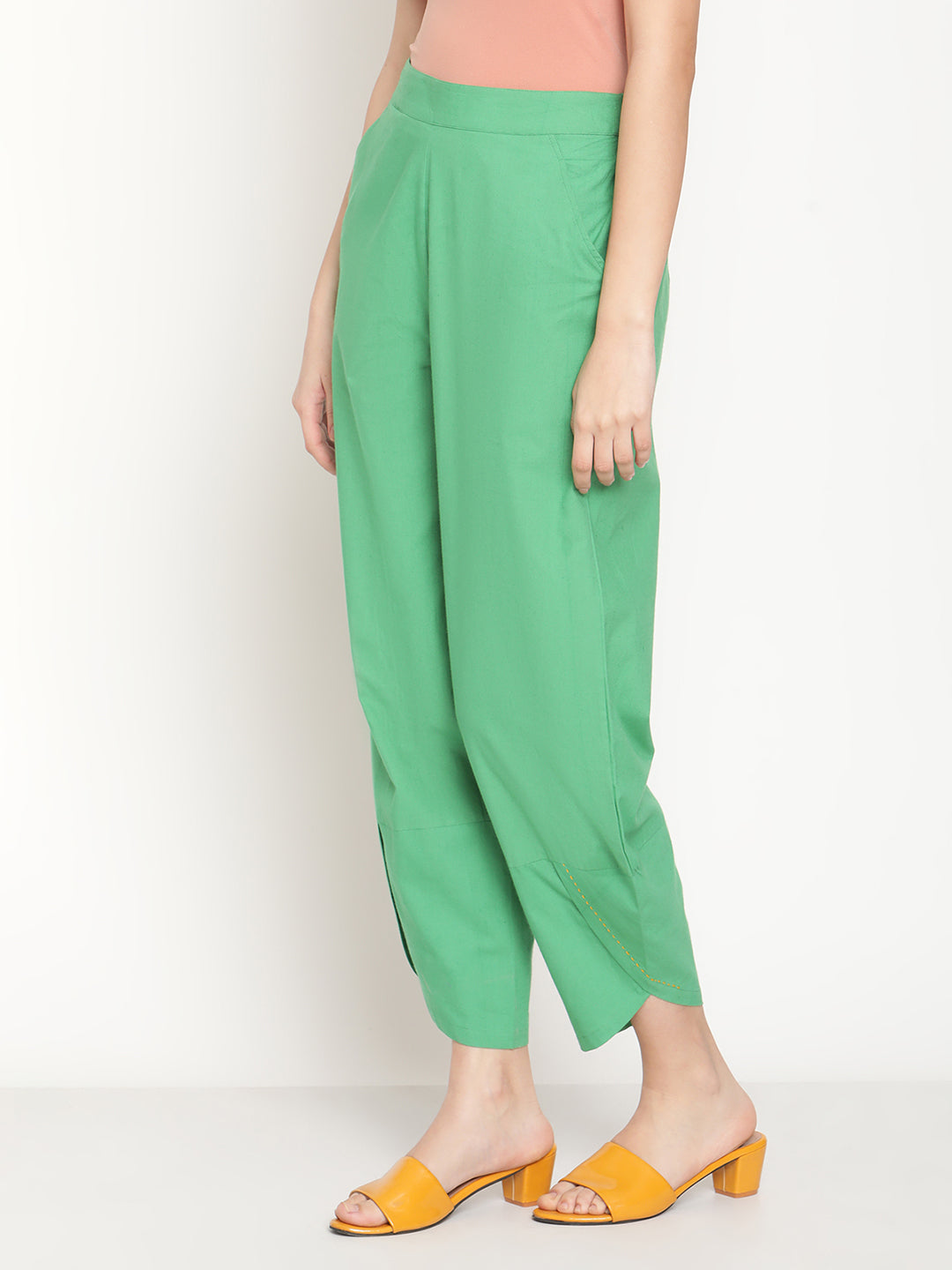 Cotton Flex Fern Green Overlapped Hem Pants