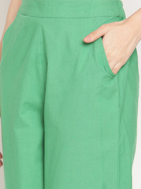 Cotton Flex Fern Green Overlapped Hem Pants