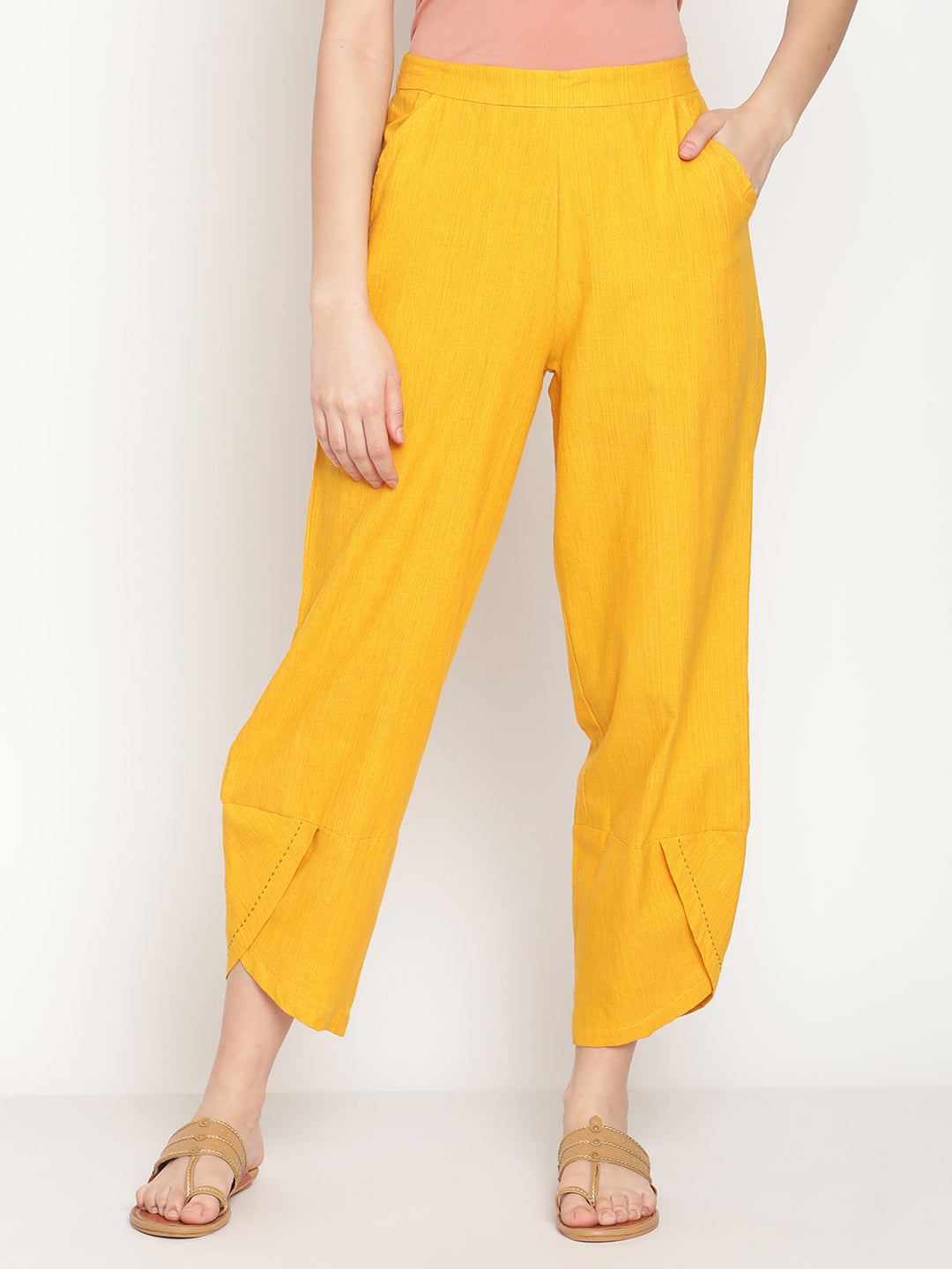 Cotton Flex Ochre Yellow Overlapped Hem Pants