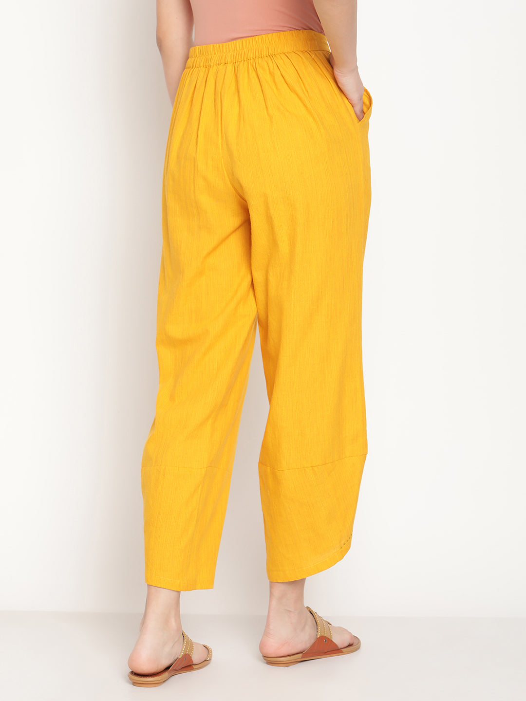 Cotton Flex Ochre Yellow Overlapped Hem Pants