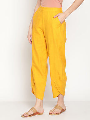 Cotton Flex Ochre Yellow Overlapped Hem Pants